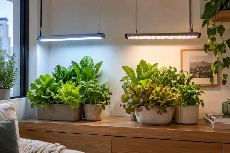 LED branco frio e LED de espectro completo iluminando hortaliças em apartamento