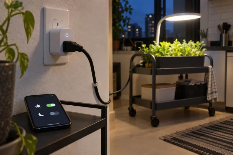 Temporizador inteligente automatizando a iluminação de uma horta indoor em apartamento