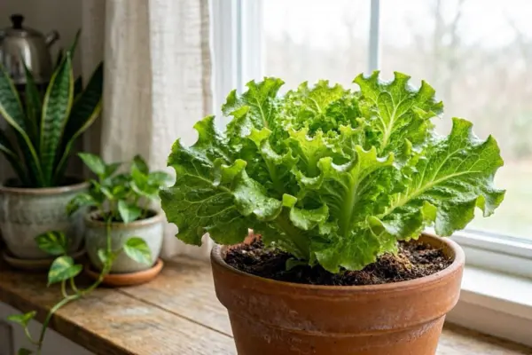 Alface crespa em vaso próximo a uma janela com luz natural