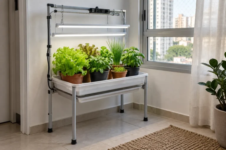 Bancada simples de cultivo indoor com planejamento luminoso próximo à janela