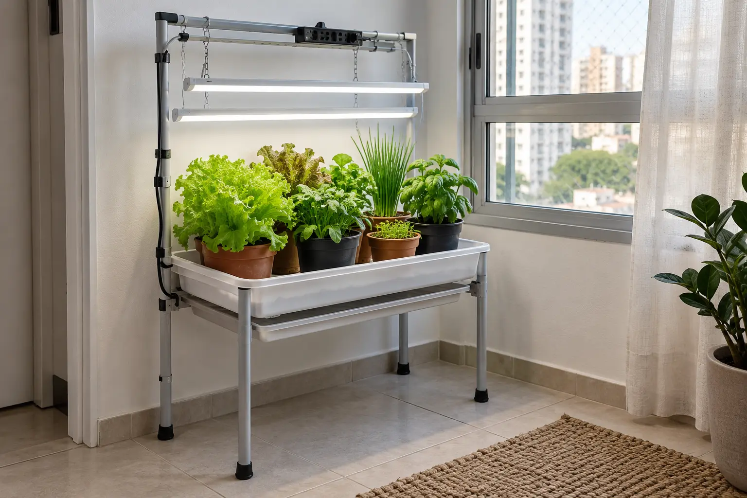 Bancada simples de cultivo indoor com planejamento luminoso próximo à janela