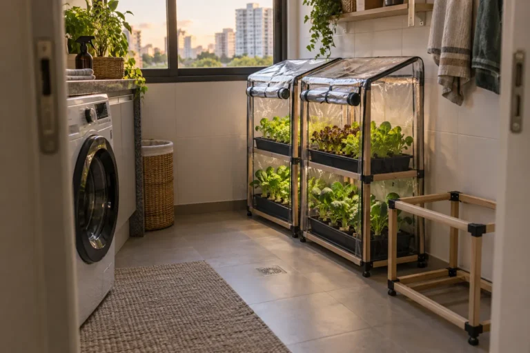 Estufa modular em apartamento com duas unidades cultivadas e um módulo vazio para expansão gradual