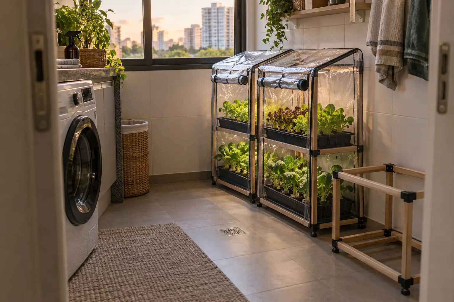 Estufa modular em apartamento com duas unidades cultivadas e um módulo vazio para expansão gradual