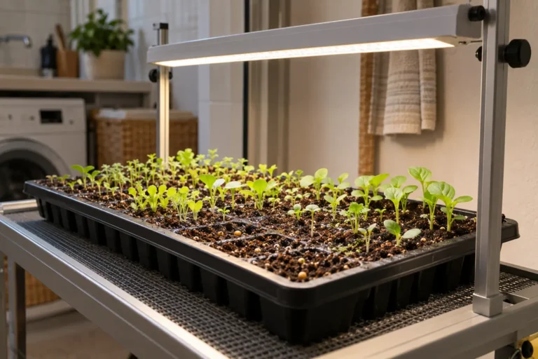 Bandeja com mudas jovens sob barra de luz LED em bancada de cultivo na lavanderia de um apartamento