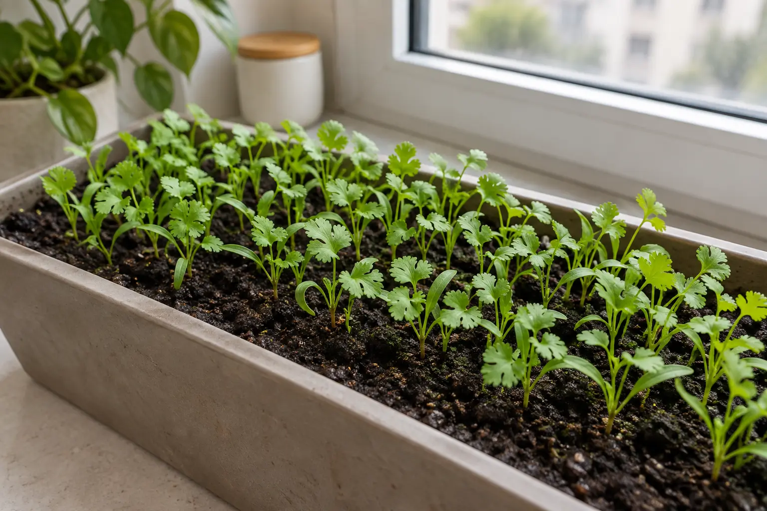 Mudas jovens de coentro germinando de maneira uniforme em vaso dentro de apartamento
