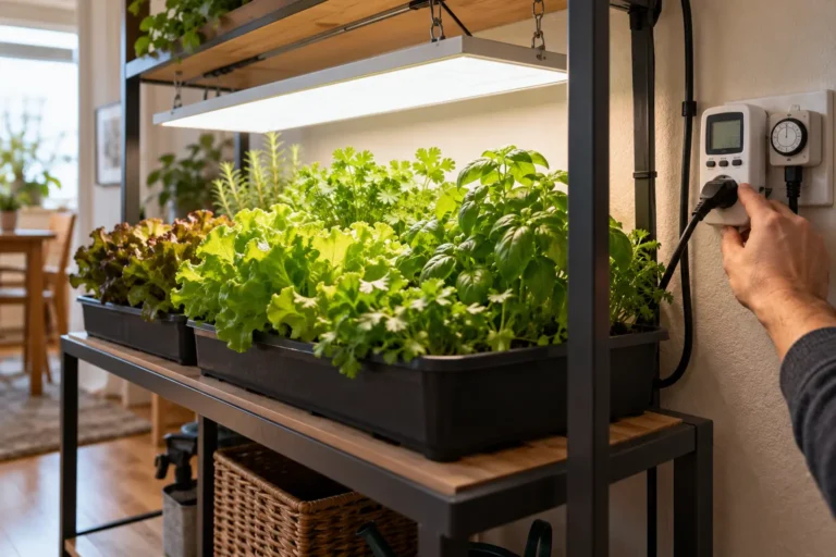 Mini-horta indoor iluminada por painel LED, com medidor de consumo e temporizador ao lado da bancada