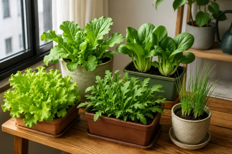 Hortaliças de folhas e cebolinha em recipientes pequenos sobre uma bancada junto à janela de um apartamento.