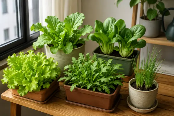 Hortaliças de ciclo curto cultivadas em recipientes pequenos dentro de um apartamento