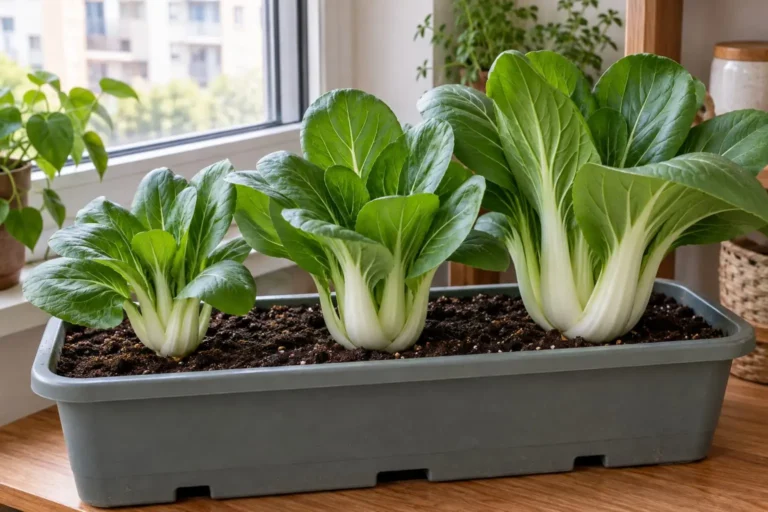 Plantas de pak choi cultivadas em jardineira dentro de apartamento