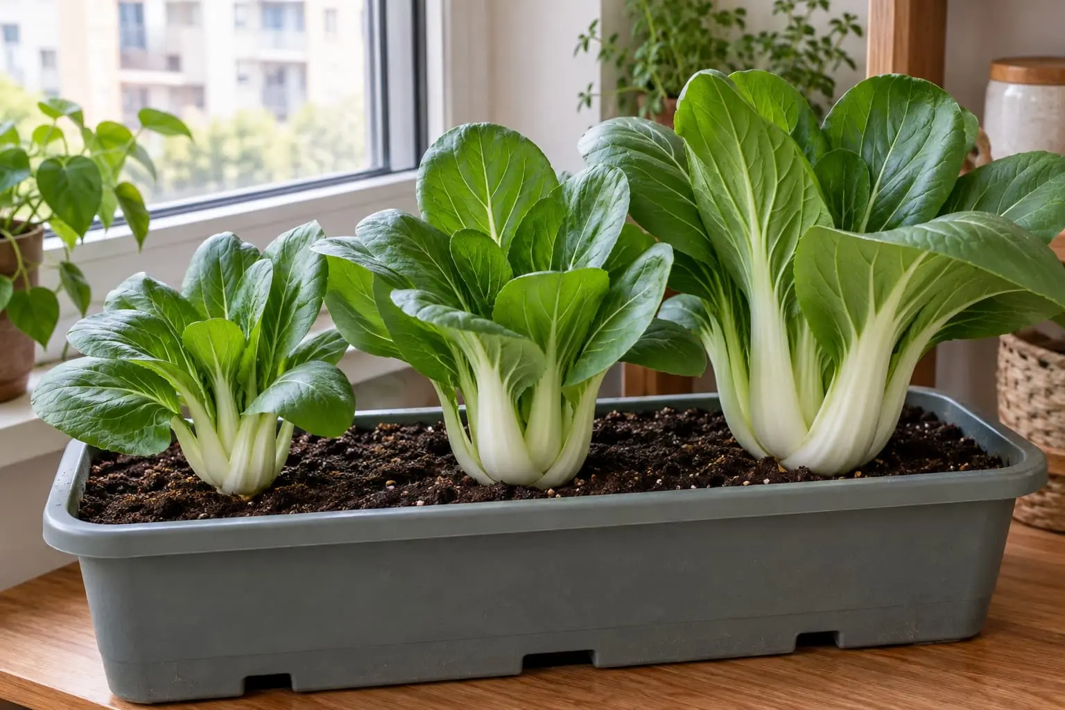Plantas de pak choi cultivadas em jardineira dentro de apartamento