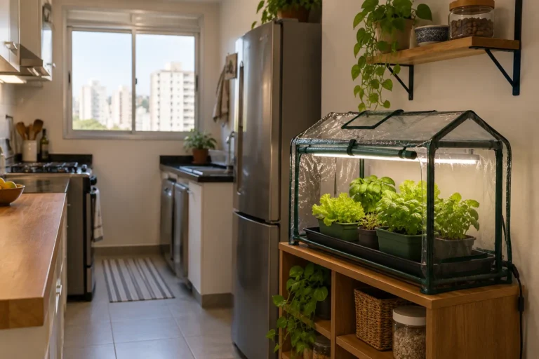 Sistema compacto de miniestufa para cozinha sem varanda instalado em móvel lateral
