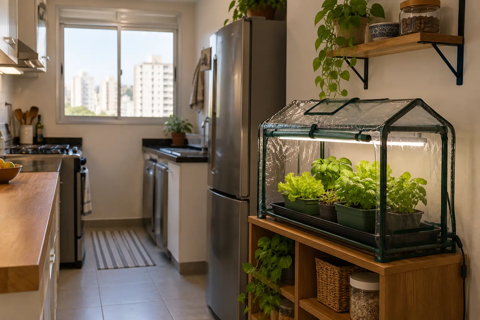 Sistema compacto de miniestufa para cozinha sem varanda instalado em móvel lateral