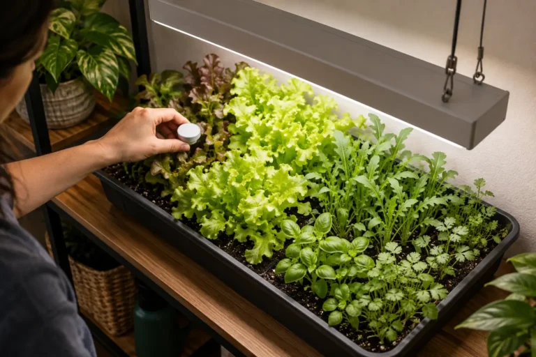 Pessoa mede a luz sobre uma bandeja de hortaliças para identificar sombras no cultivo indoor doméstico