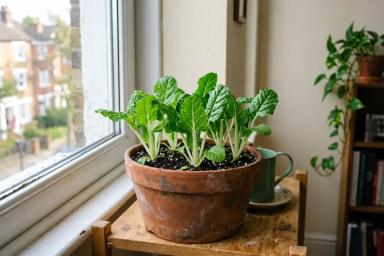 Acelga baby cultivada em vaso de terracota próximo à janela de um apartamento.