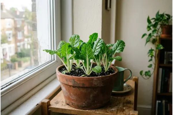 Acelga baby cultivada em vaso durante o desbaste das mudas