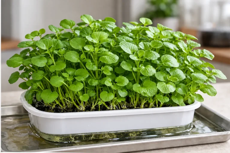 Agrião-d’água cultivado em bandeja rasa, com raízes visíveis junto à água.