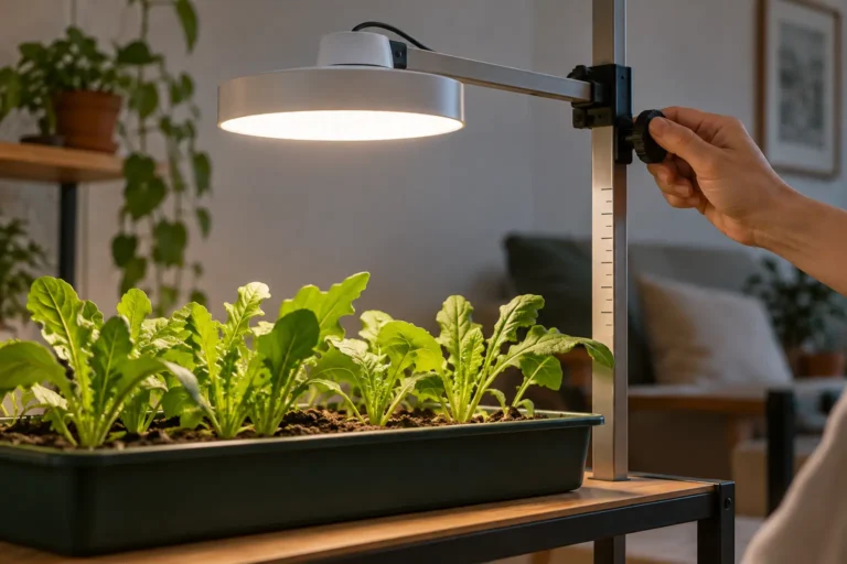 Mão ajusta a altura de uma luminária LED redonda sobre uma bandeja de hortaliças