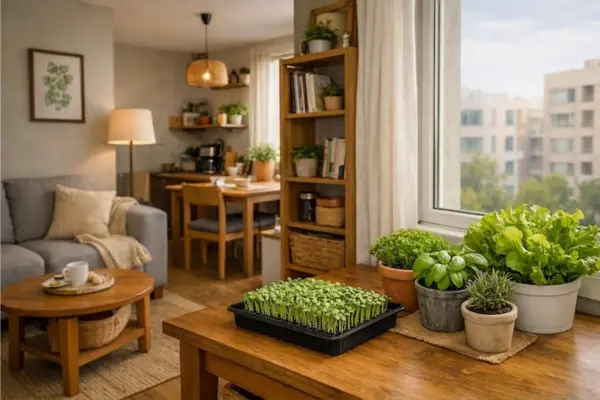 Microverdes, temperos e folhosas em recipientes junto à janela de um apartamento sem varanda