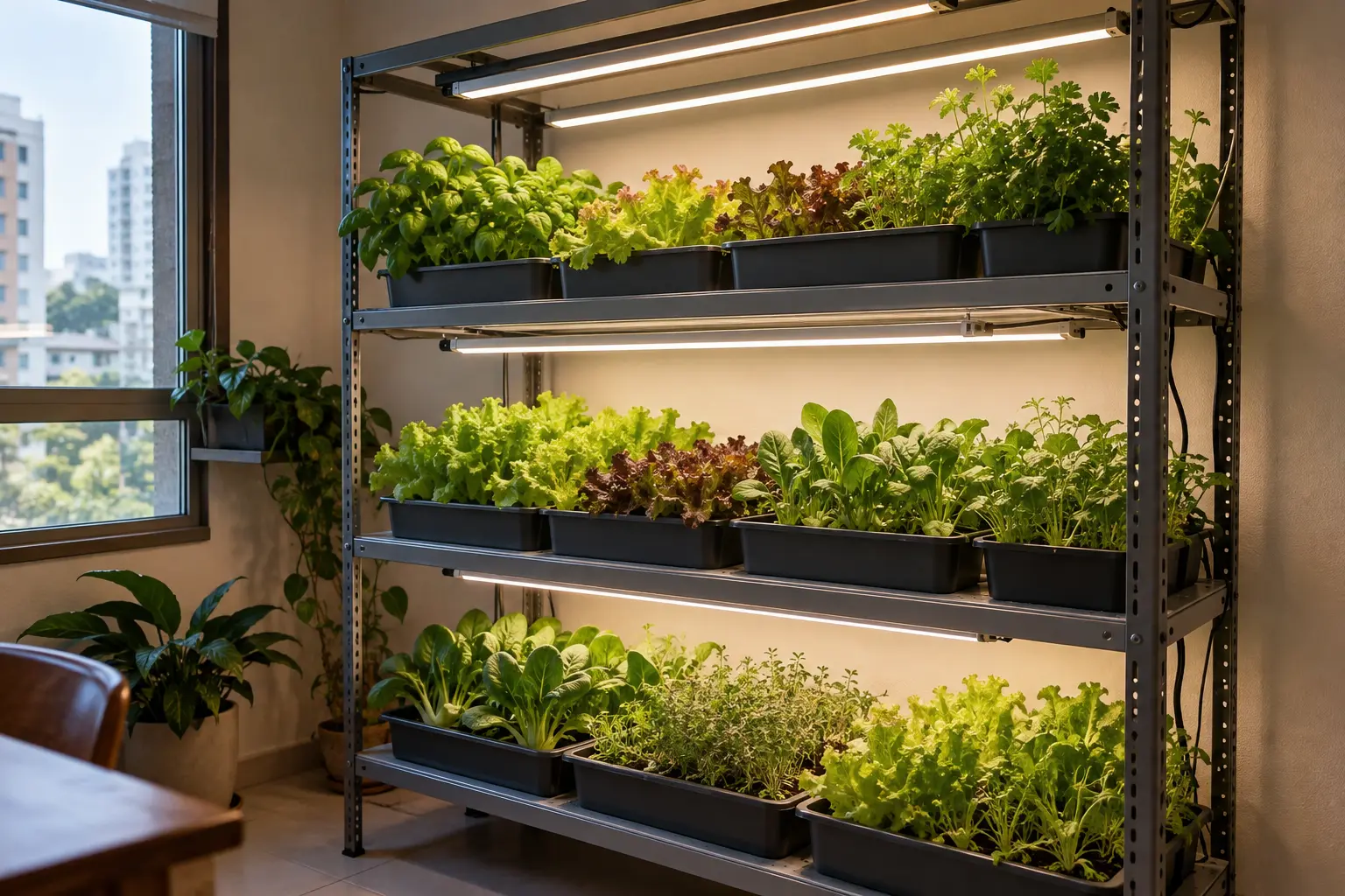 Estante de cultivo em apartamento com três níveis, bandejas de hortaliças e barras de luz acima das plantas