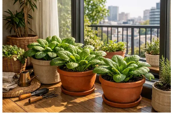 Espinafre verdadeiro cultivado em recipiente dentro de apartamento próximo a uma janela