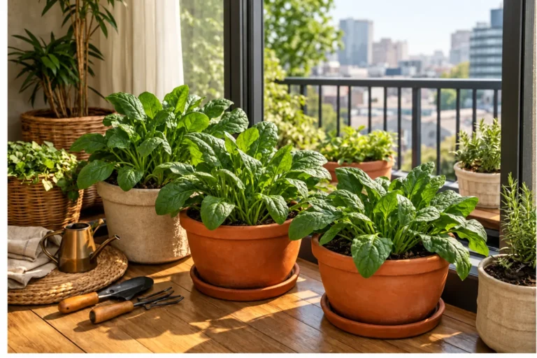 Espinafre cultivado em três vasos sobre uma bancada próxima à janela de um apartamento.