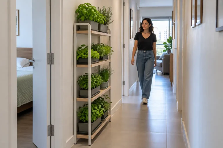 Estante de cultivo estreita com hortaliças sem bloquear a circulação no corredor de um apartamento
