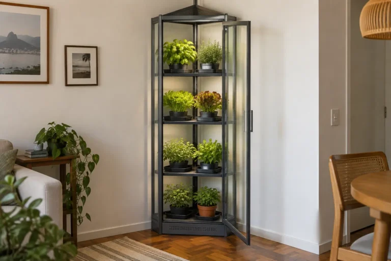 Estufa vertical triangular instalada em um canto ocioso de apartamento