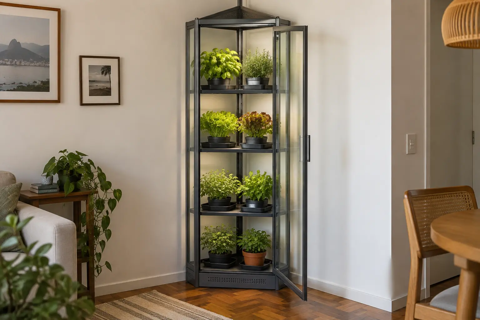 Estufa vertical triangular instalada em um canto ocioso de apartamento