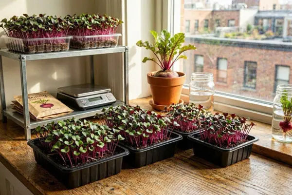 Microverdes de beterraba com caules avermelhados cultivados em bandeja rasa próxima à janela de um apartamento