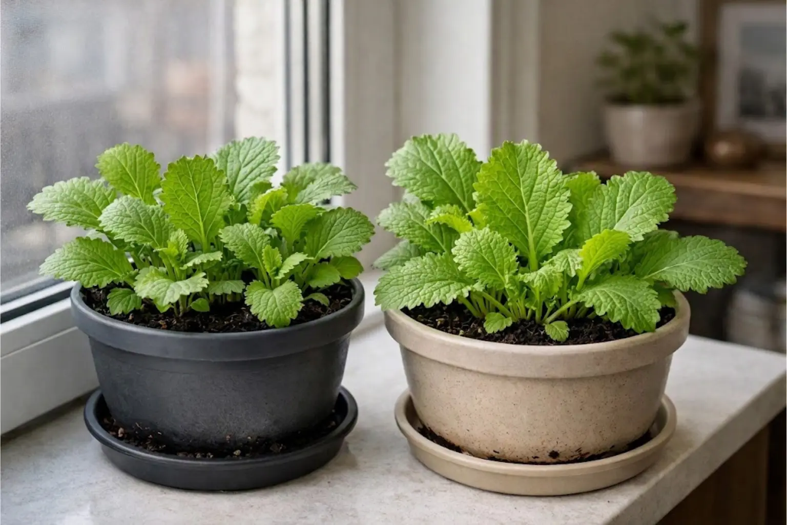 Mostarda verde com folhas jovens cultivada em vasos pequenos dentro de um apartamento