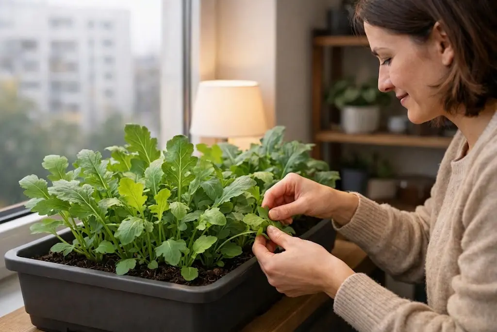 Mulher observando o ponto de colheita da rúcula cultivada em jardineira dentro do apartamento