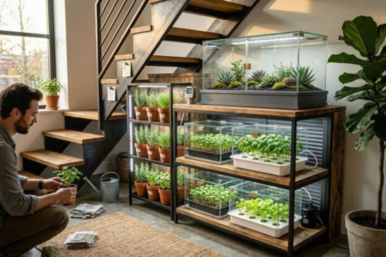 Miniestufa sob escada em apartamento com estantes, vasos e bandejas de cultivo