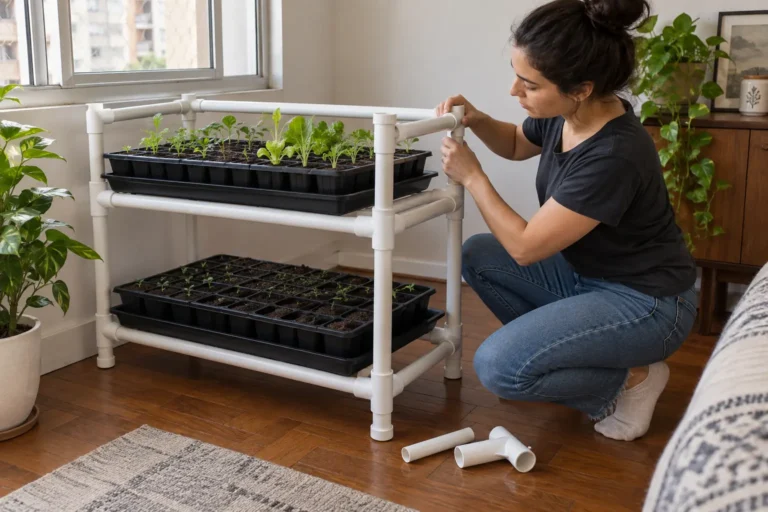 Pessoa montando sistema de PVC desmontável com bandejas de germinação e mudas jovens em apartamento