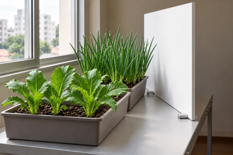 Painel branco lateral ao lado de alface e rúcula em bancada de cultivo próxima à janela