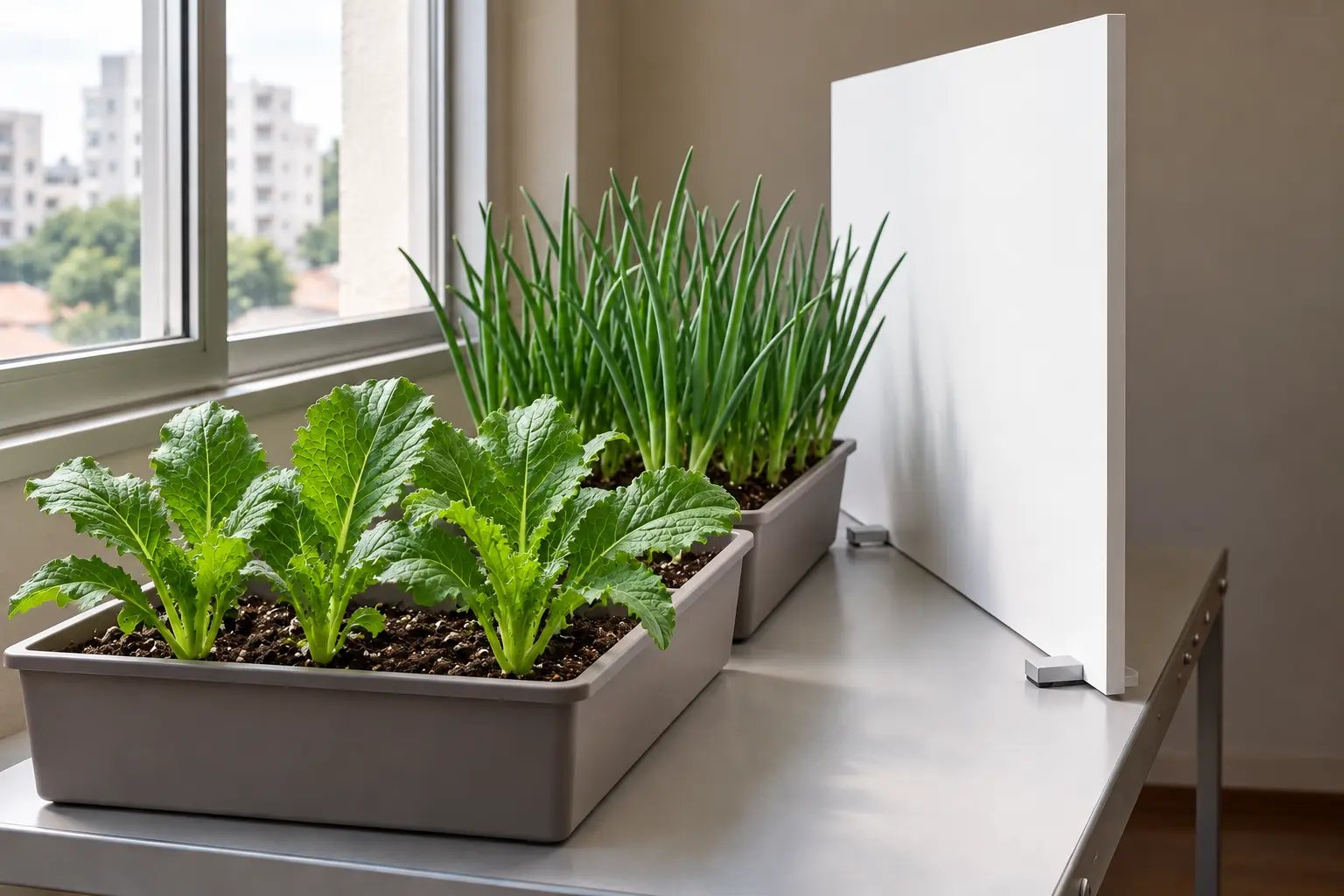 Painel branco lateral ao lado de alface e rúcula em bancada de cultivo próxima à janela