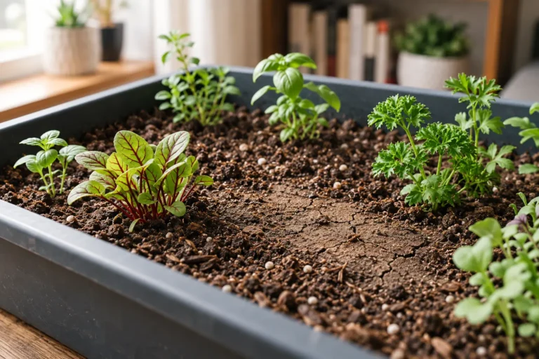 Crosta fina com pequenas fissuras na superfície do substrato entre mudas em uma bandeja de cultivo indoor.