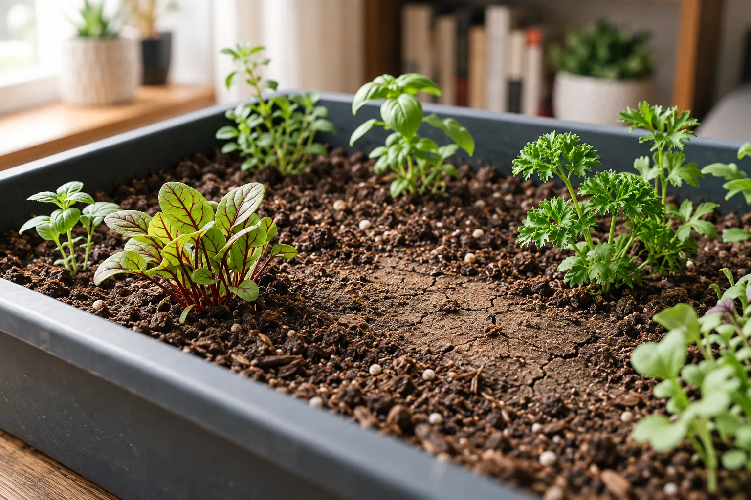 Crosta fina com pequenas fissuras na superfície do substrato entre mudas em uma bandeja de cultivo indoor.
