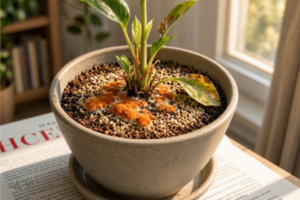 Manchas marrom-alaranjadas sobre o substrato ao redor de uma planta em vaso