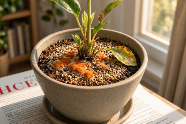 Manchas marrom-alaranjadas sobre o substrato ao redor de uma planta em vaso
