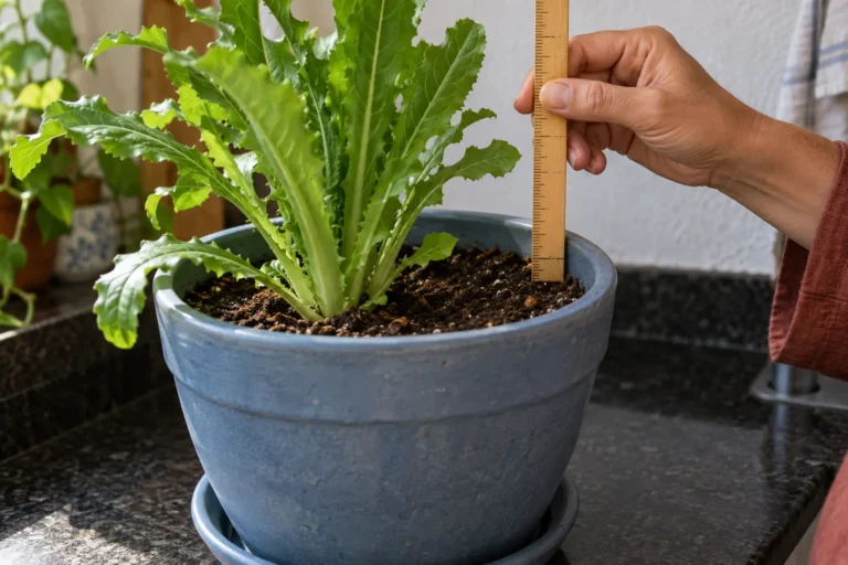 Pessoa medindo com uma régua a distância entre a borda do vaso e o substrato de um almeirão.