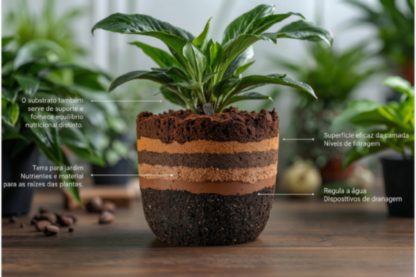 Corte ilustrativo de vaso mostrando diferentes camadas de substrato