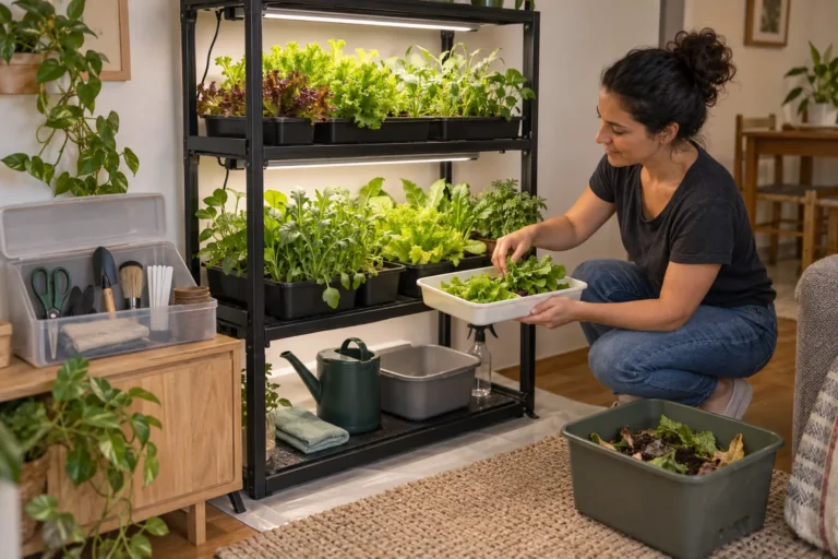 Produção limpa de verduras em miniestufa com ferramentas, colheita e resíduos separados