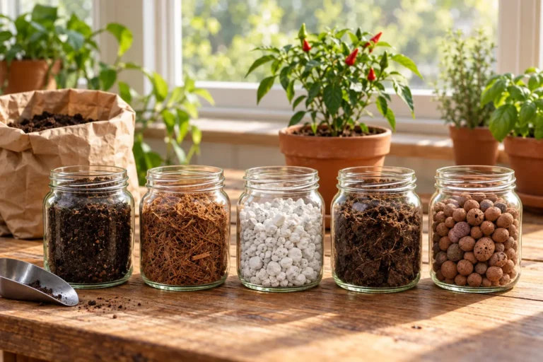 Cinco frascos com terra para vasos, fibra de coco, perlita, turfa e argila expandida sobre uma bancada, com um pimenteiro ao fundo.
