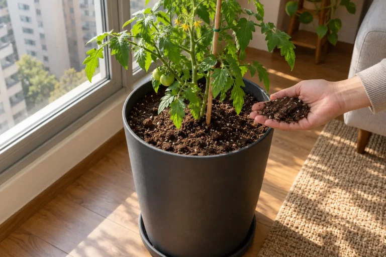 Pessoa colocando substrato para tomateiro em vaso profundo, com uma muda ao lado, dentro de apartamento.