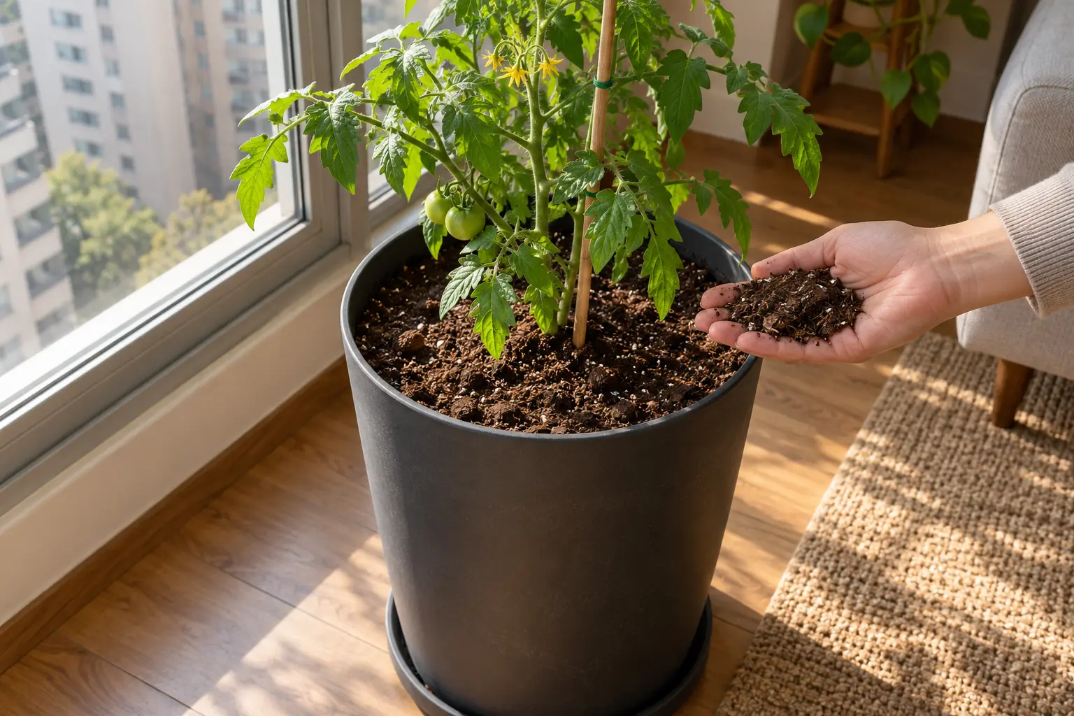 Pessoa colocando substrato para tomateiro em vaso profundo, com uma muda ao lado, dentro de apartamento.