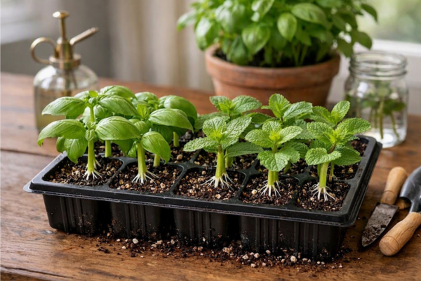 Estacas de manjericão e hortelã com raízes visíveis em bandeja de cultivo com substrato.