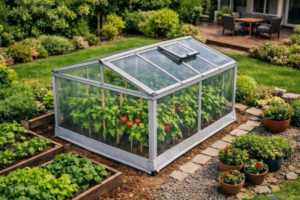 Estufa residencial transparente com tomateiros e hortaliças cultivados no jardim
