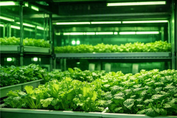 Hortaliças folhosas em bancadas de cultivo indoor iluminadas por luz verde