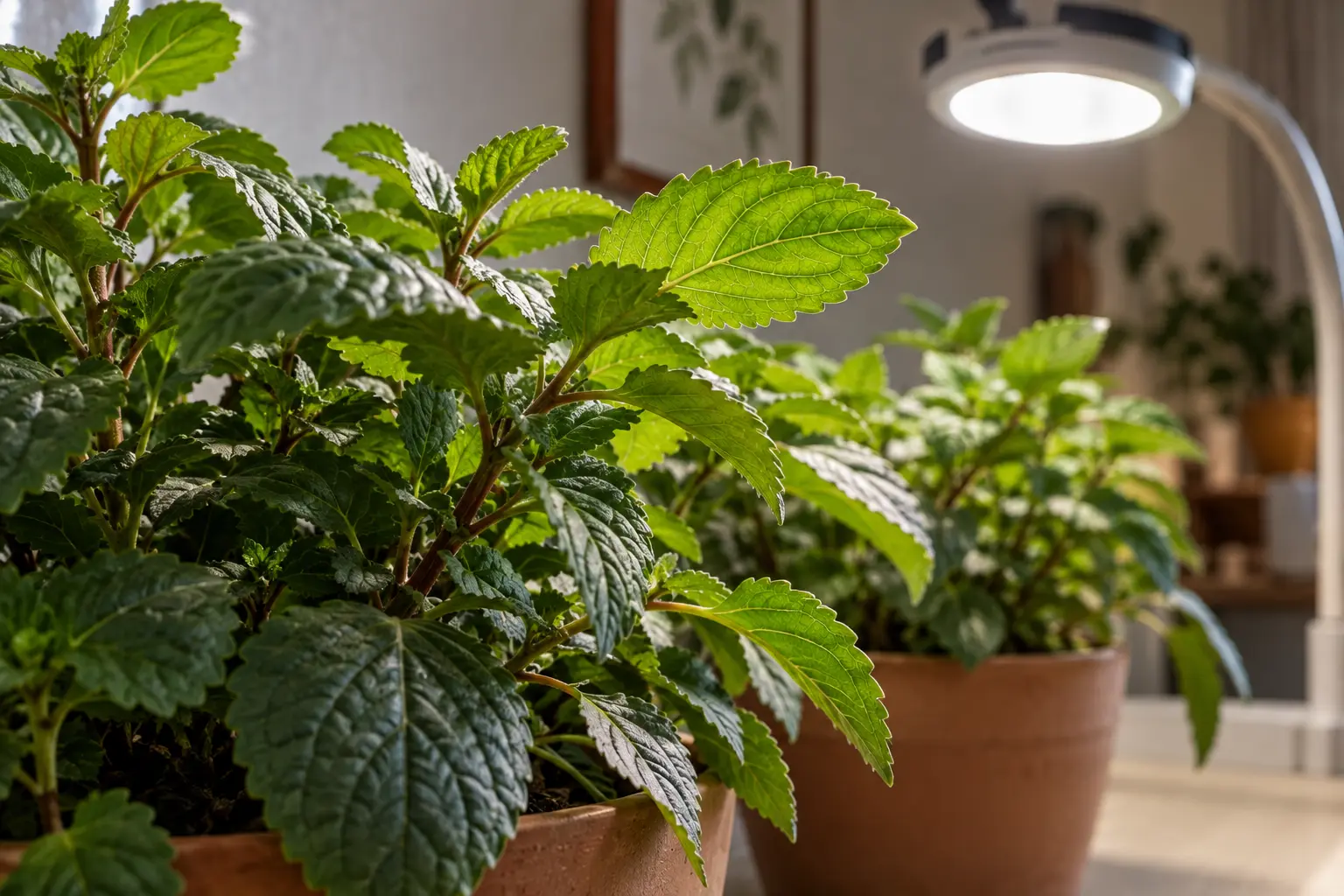 Folhas verdes em vasos sob uma luminária circular de luz branca em ambiente doméstico.