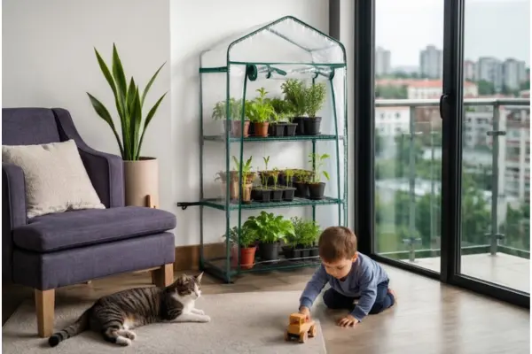 Miniestufa leve estabilizada em apartamento com criança e gato próximos